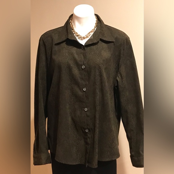 Erin London Vintage Green Snake Long Sleeve Button Down Collard Skin Print SZ XL - Picture 1 of 10